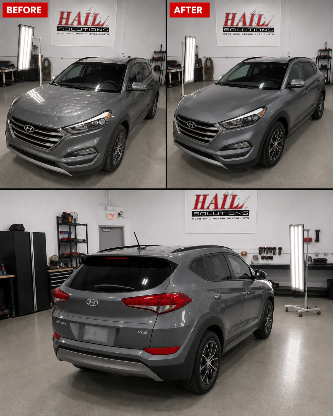 2017 Hyundai Tucson — Coliseum Gray after hail damage repair by Hail Solutions in Shawnee, KS