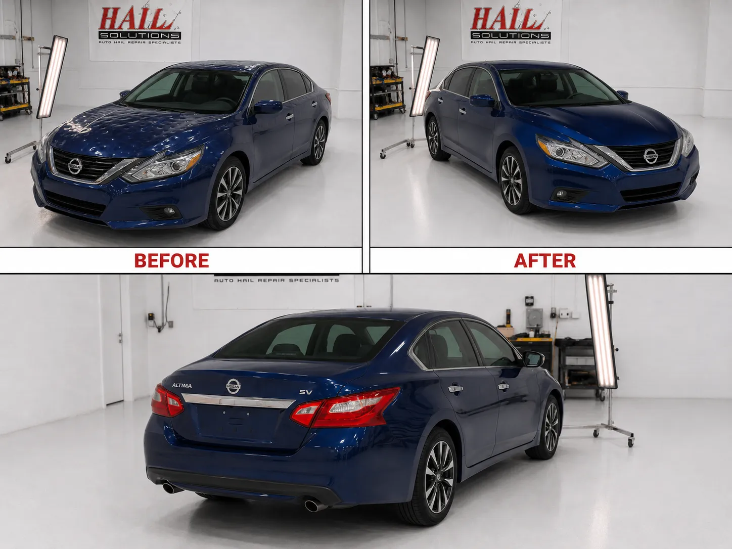 2018 Nissan Altima — Storm Blue after hail damage repair by Hail Solutions in Belton, MO