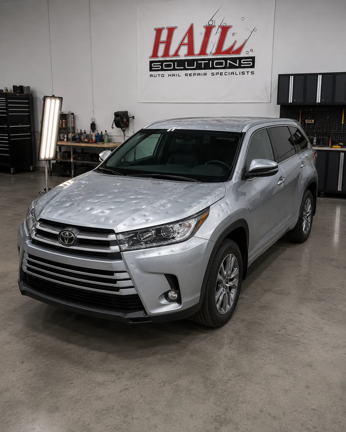 2019 Toyota Highlander — Celestial Silver Metallic after hail damage repair by Hail Solutions in Lee's Summit, MO