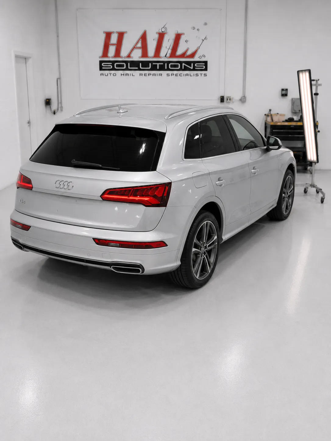 2020 Audi Q5 — Florett Silver after hail damage repair by Hail Solutions in Lenexa, KS