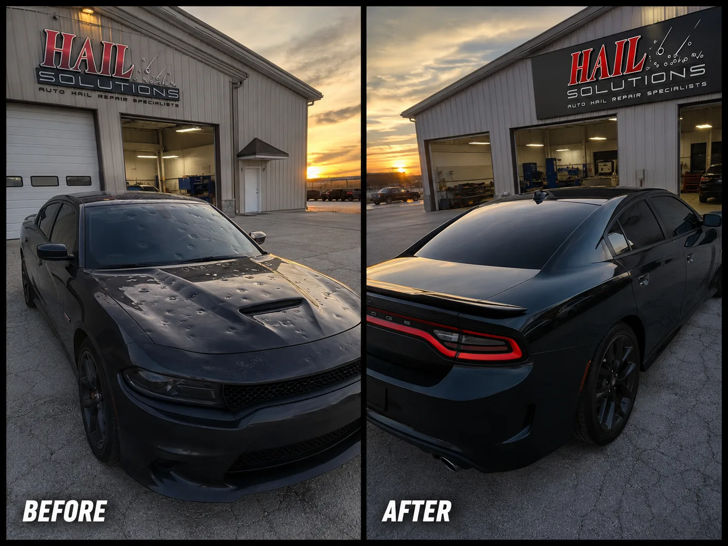 Black Dodge Charger with hail dents across the hood and roof, before and after paintless dent repair for a Kansas City, MO driver