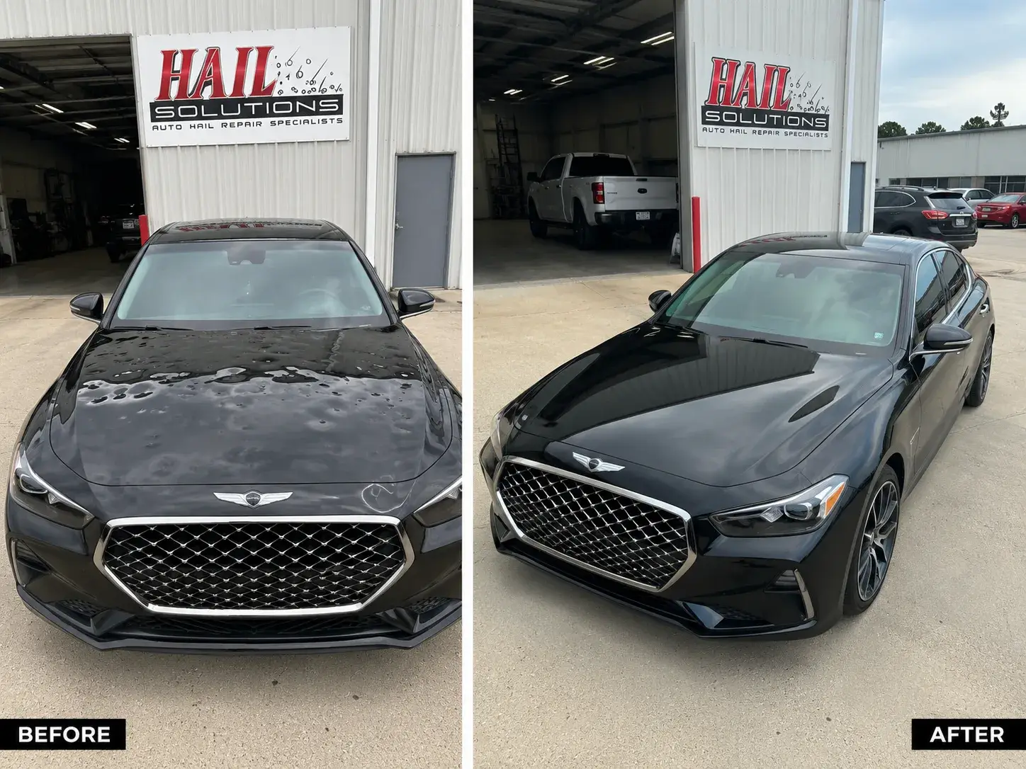 Black Genesis G70 with severe hail dents, before and after paintless dent repair in Olathe, KS