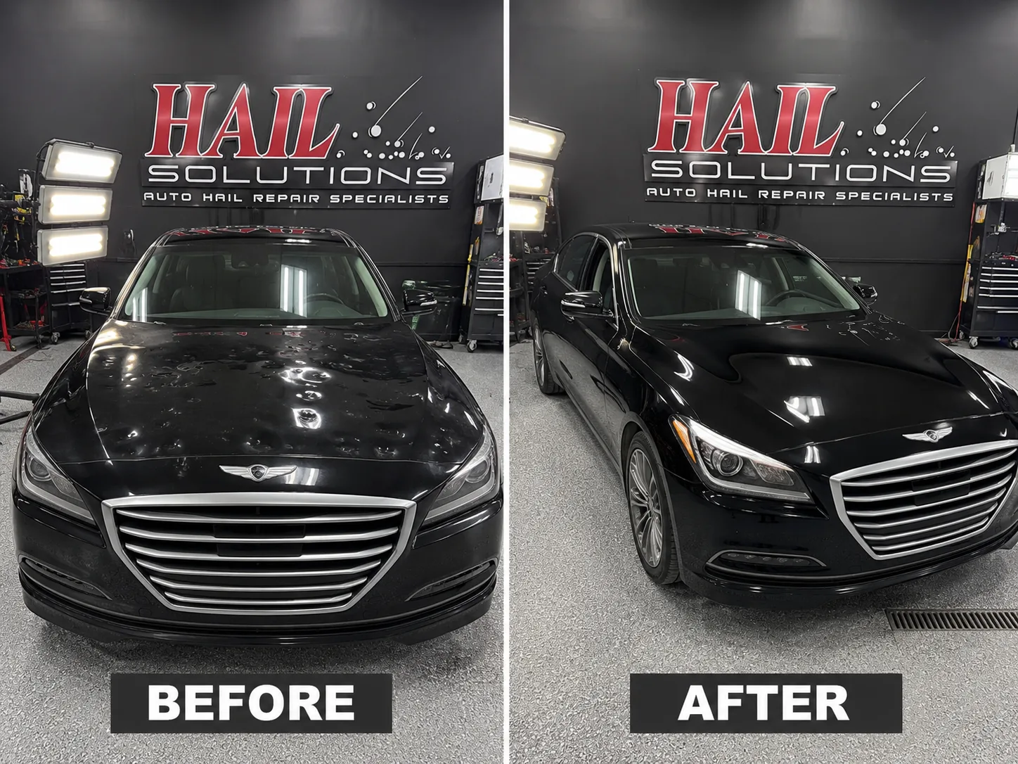 Black Genesis G80 with a hail-dimpled roof and trunk, before and after paintless dent repair for a Pleasant Hill, MO driver