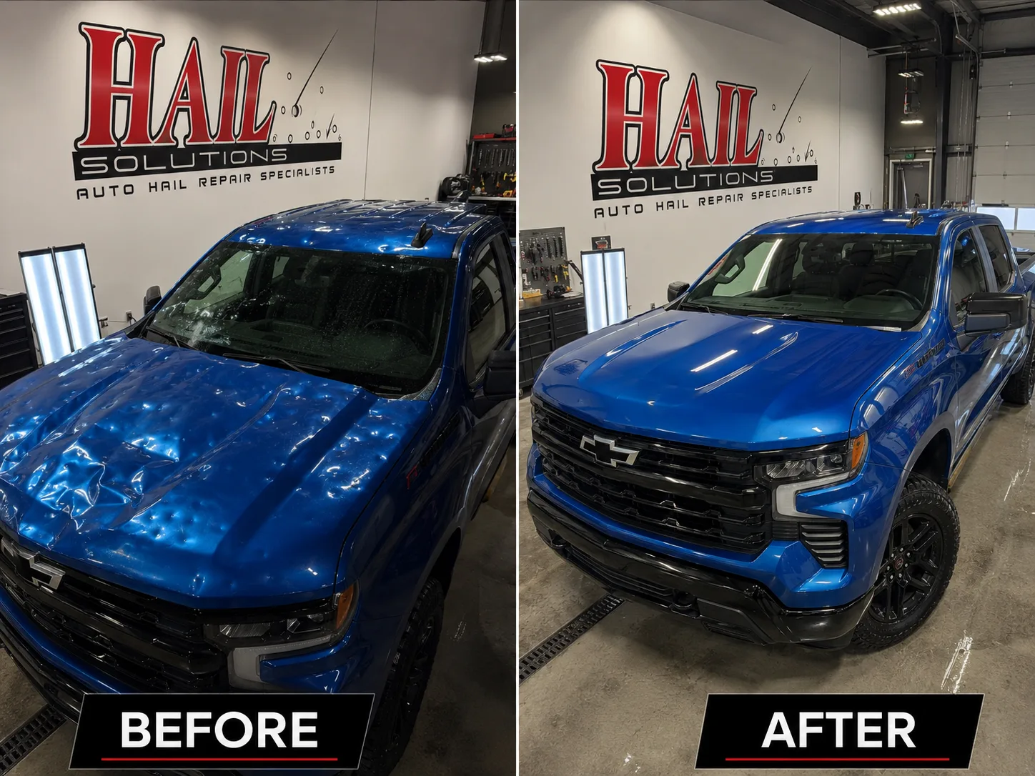 Blue Chevrolet Silverado with a hail-dimpled hood and roof, before and after paintless dent repair, restored at our Olathe shop