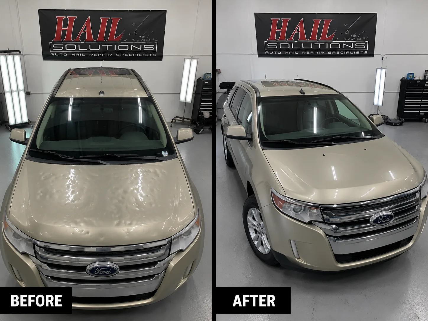 Gold Ford Edge SUV with hail damage smoothed out by paintless dent repair for a Basehor, KS driver
