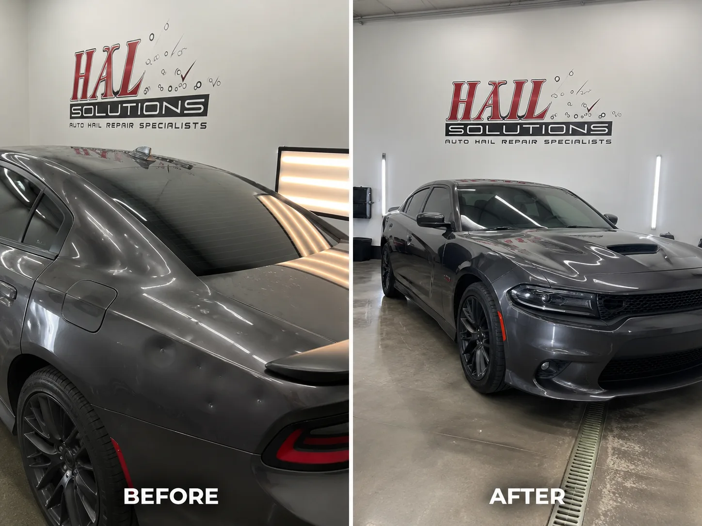 Gray Dodge Charger hood pocked with hail dents, before and after paintless dent repair, restored at our Olathe shop