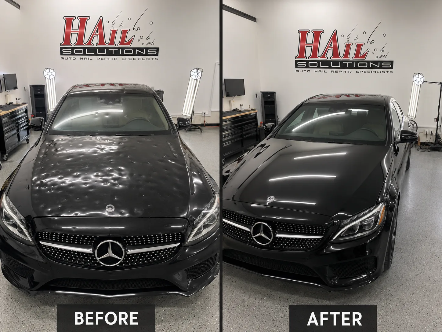 Black Mercedes C-Class with hail dents on the hood and roof, before and after paintless dent repair for a Lawrence, KS driver