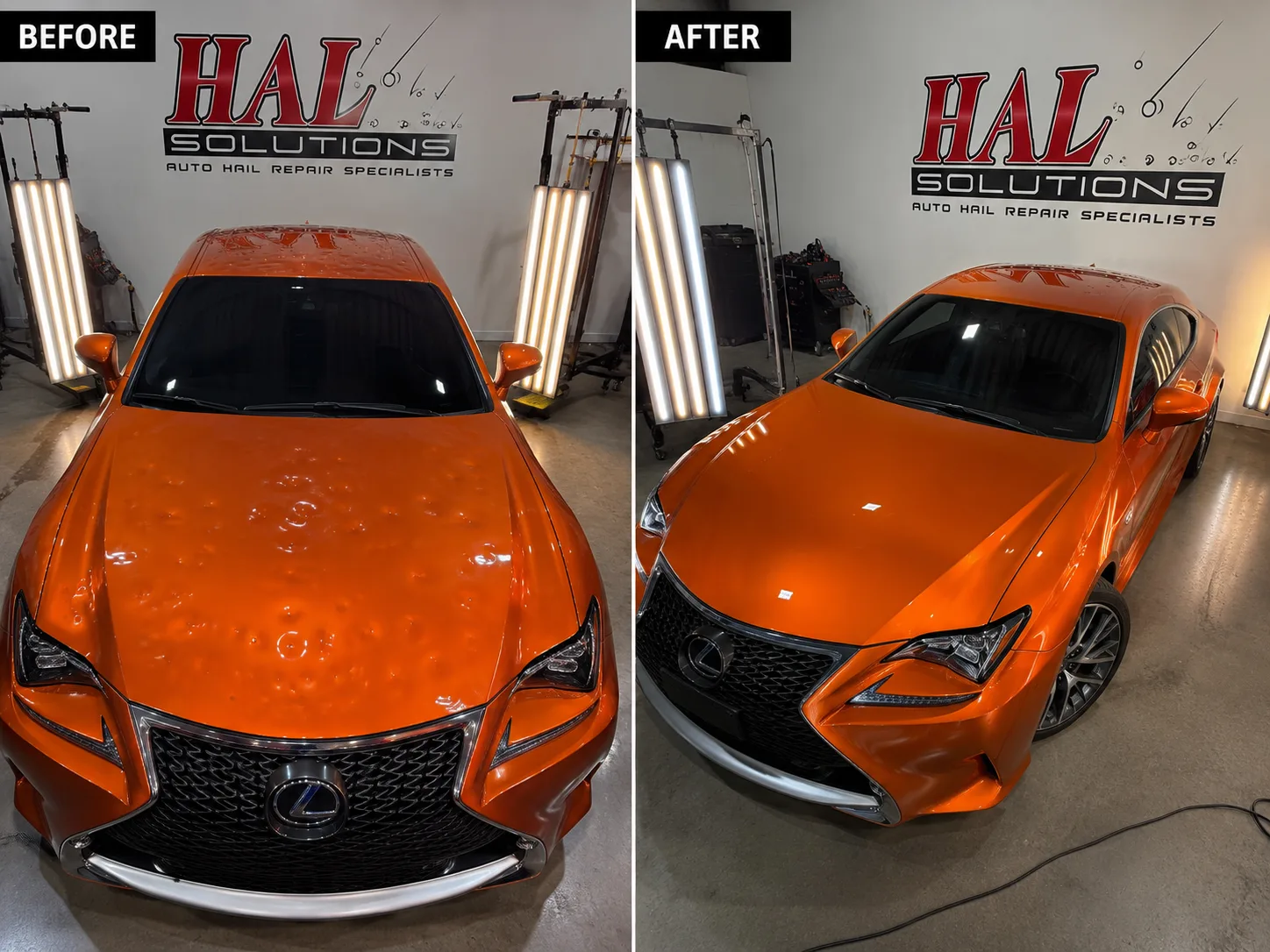 Orange Lexus RC with hail dents across the hood and roof, before and after paintless dent repair for a Belton, MO driver