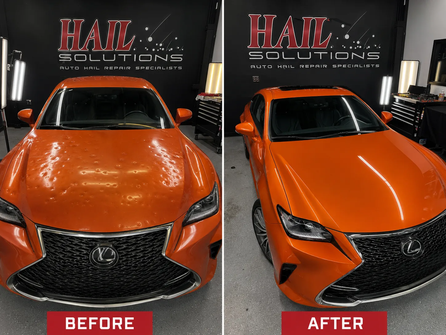 Orange Lexus RC F with hail dents across the hood and roof, before and after paintless dent repair for a Topeka, KS driver