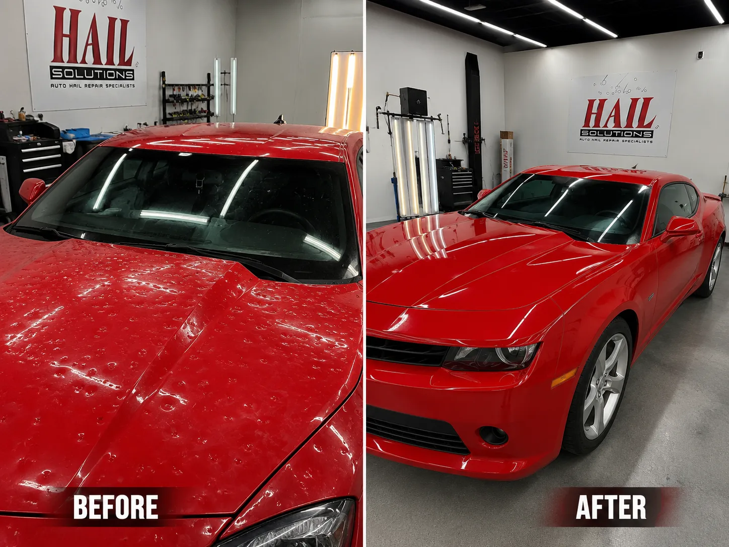Red Chevrolet Camaro hood pocked with hail dents, before and after paintless dent repair at our Olathe shop
