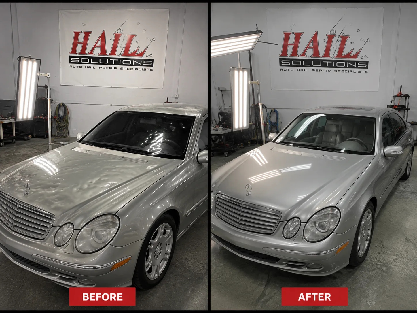 Silver Mercedes E-Class with a hail-dimpled roof and hood, before and after paintless dent repair for a Harrisonville, MO driver