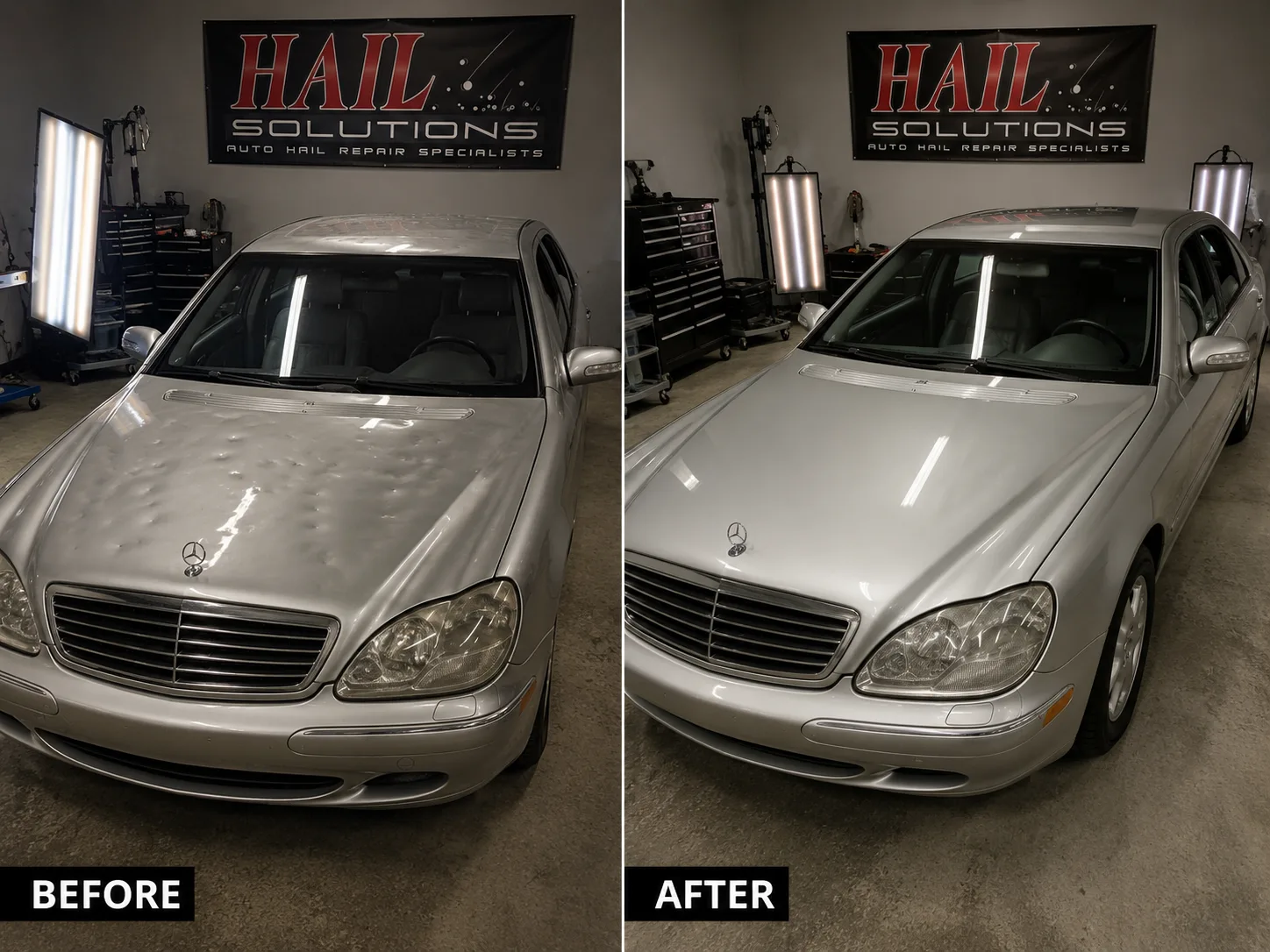 Silver Mercedes S-Class with a hail-dimpled roof and hood restored by paintless dent repair at our Olathe shop