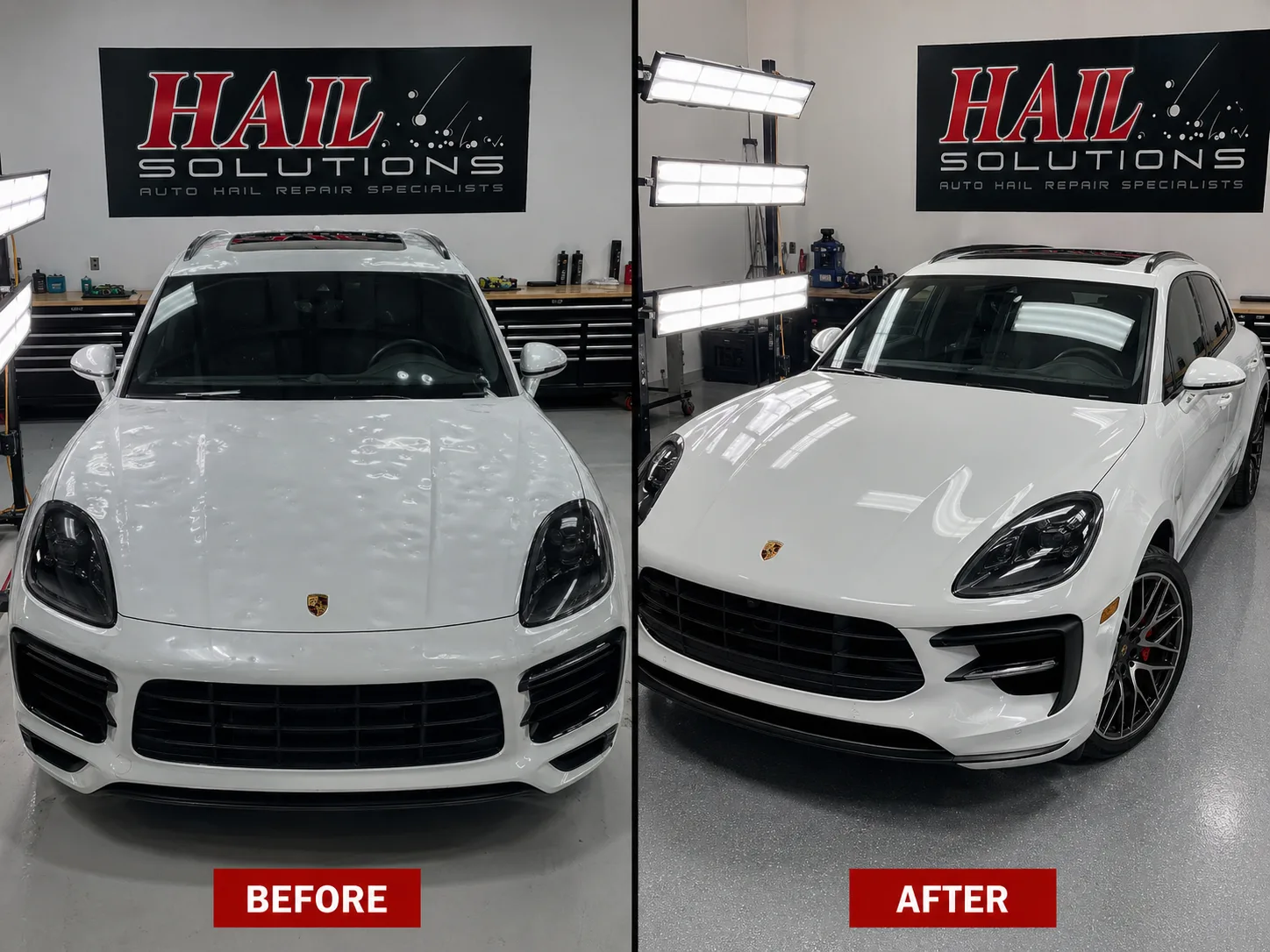 White Porsche Macan with hail damage smoothed out by paintless dent repair at our Olathe shop